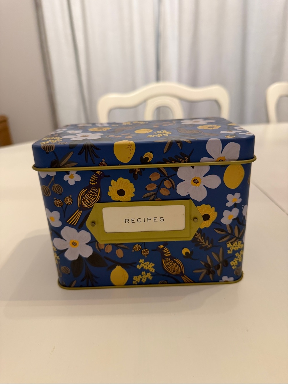 Floral Blue Recipe Tin Box with Birds